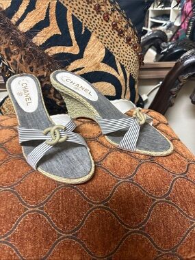 CHANEL Gray Striped Espadrille Knot Wedge Sandals